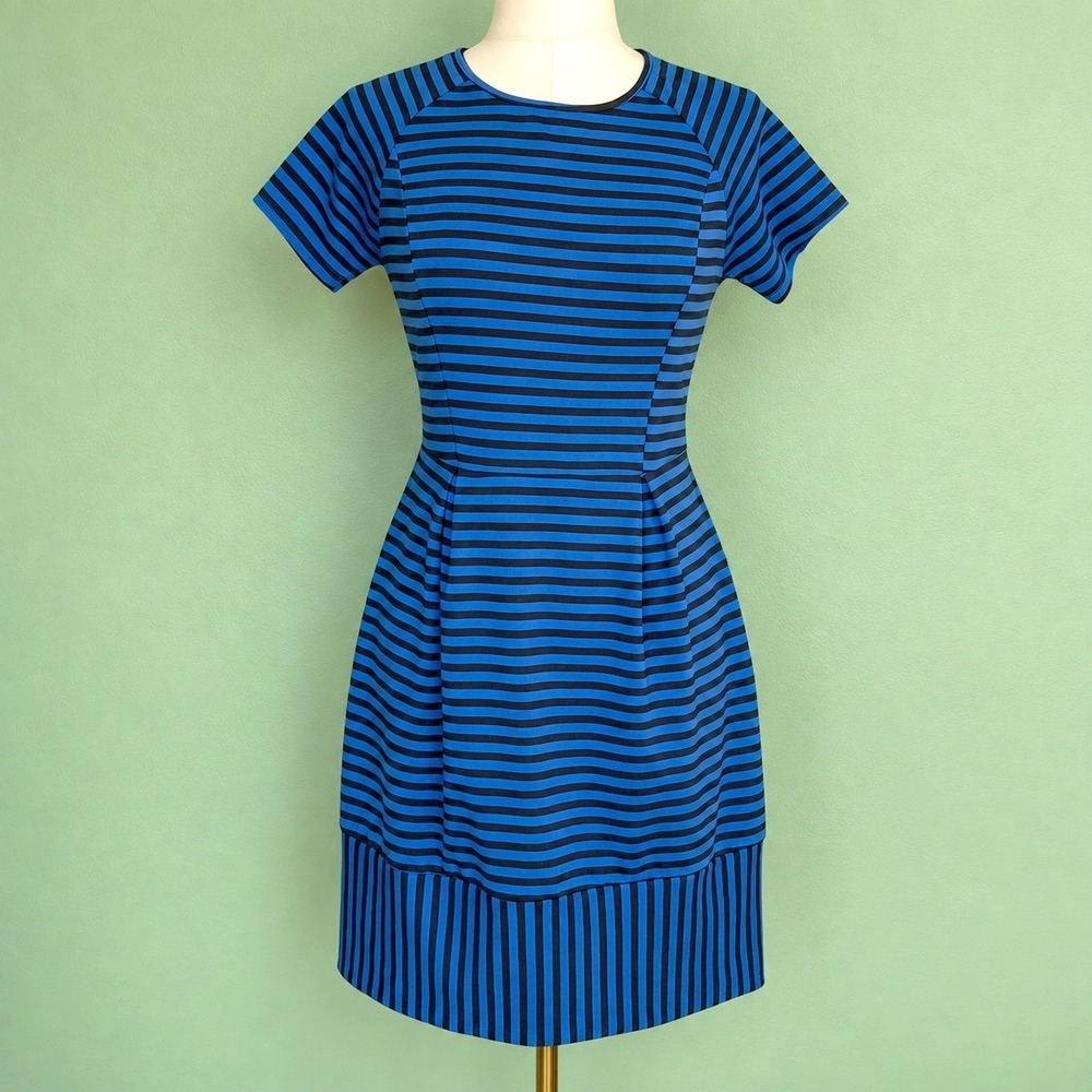 Pixley Striped Dress Womens Small Blue Black Excellent Short Sleeve Fit Flare